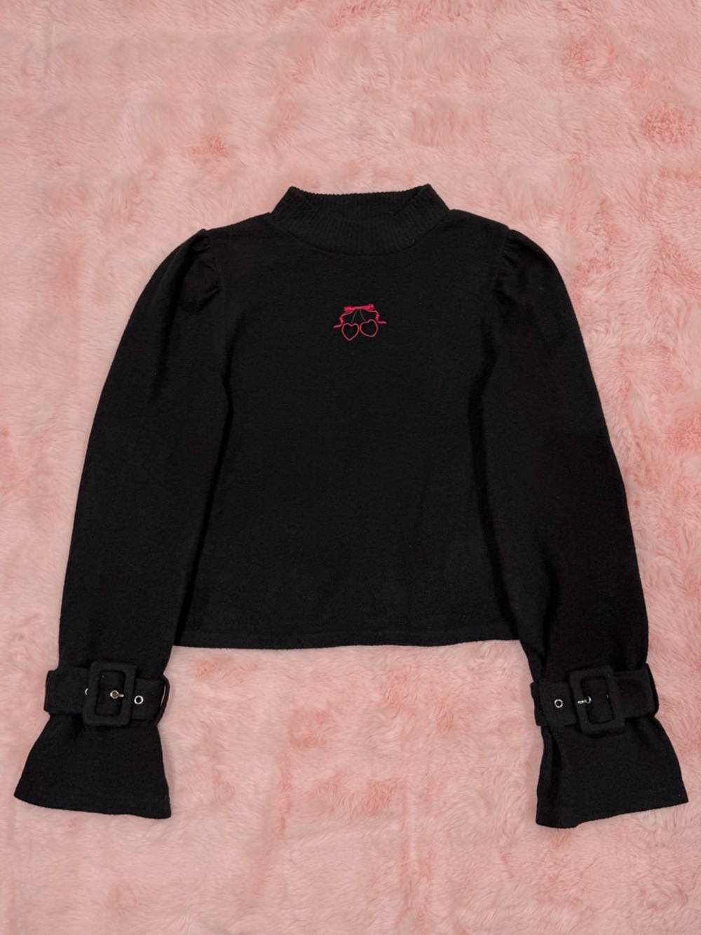 Bubbles Tokyo Black Long Sleeve Top w/ Cherry Cutout Wrist Cuffs